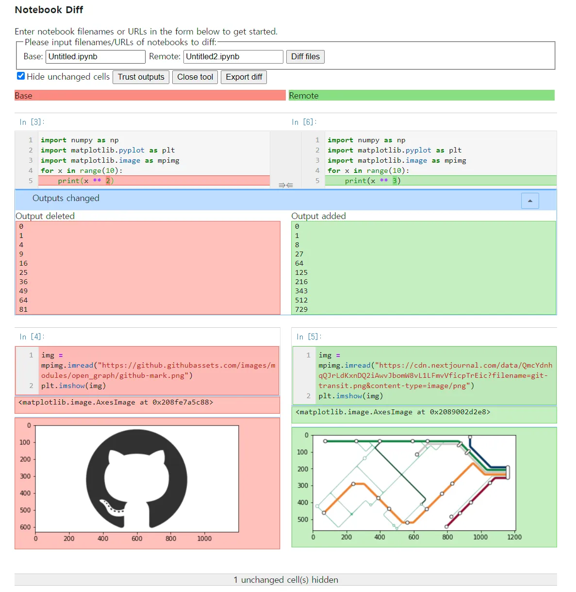 nbdiff-web showing a notebook diff